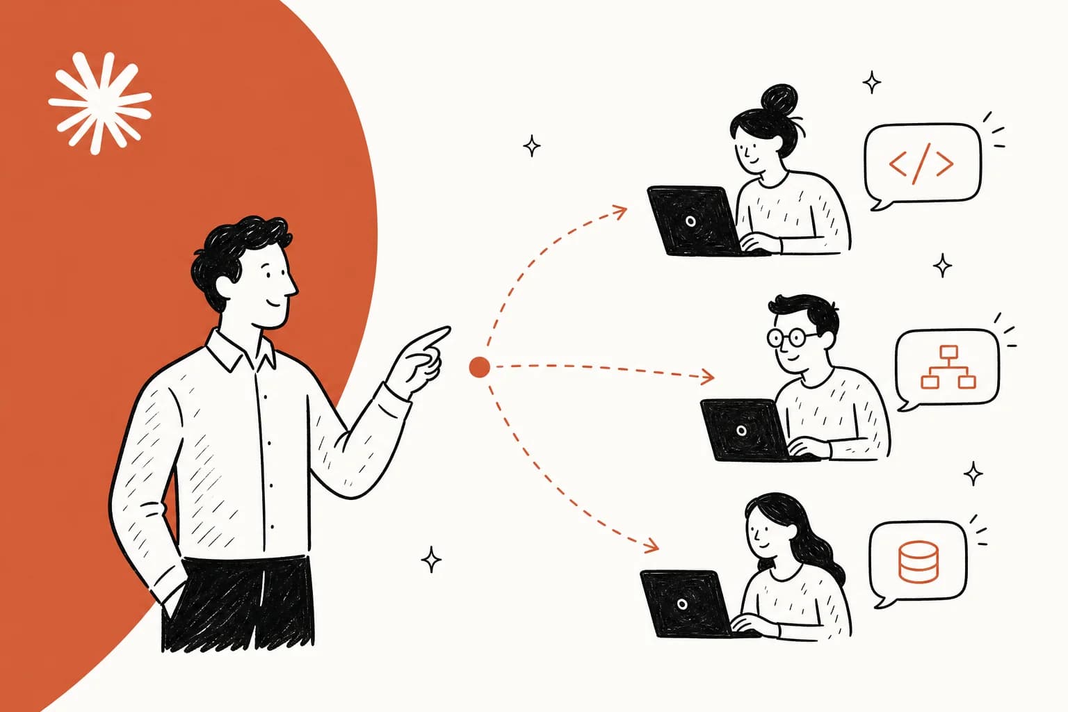 Hero illustration: a team-lead agent delegating coding tasks to specialist Claude Code subagents working in parallel