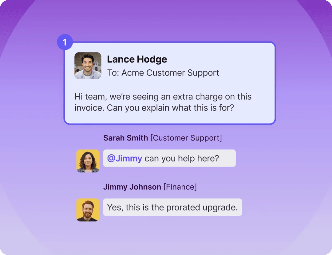 Front's collaborative inbox, where a customer billing question gets looped to the finance team with an internal comment, as taken from Front