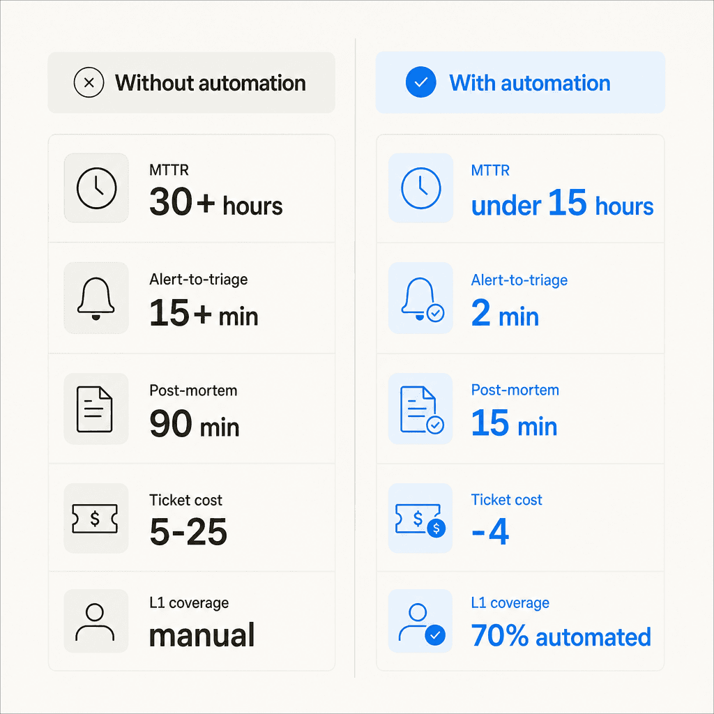 Automated vs manual IT incident management: MTTR, alert-to-triage, post-mortem time, ticket cost, and L1 automation rate