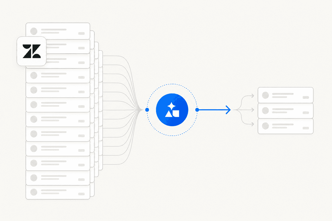 Illustration of a Zendesk ticket queue being reduced by AI processing