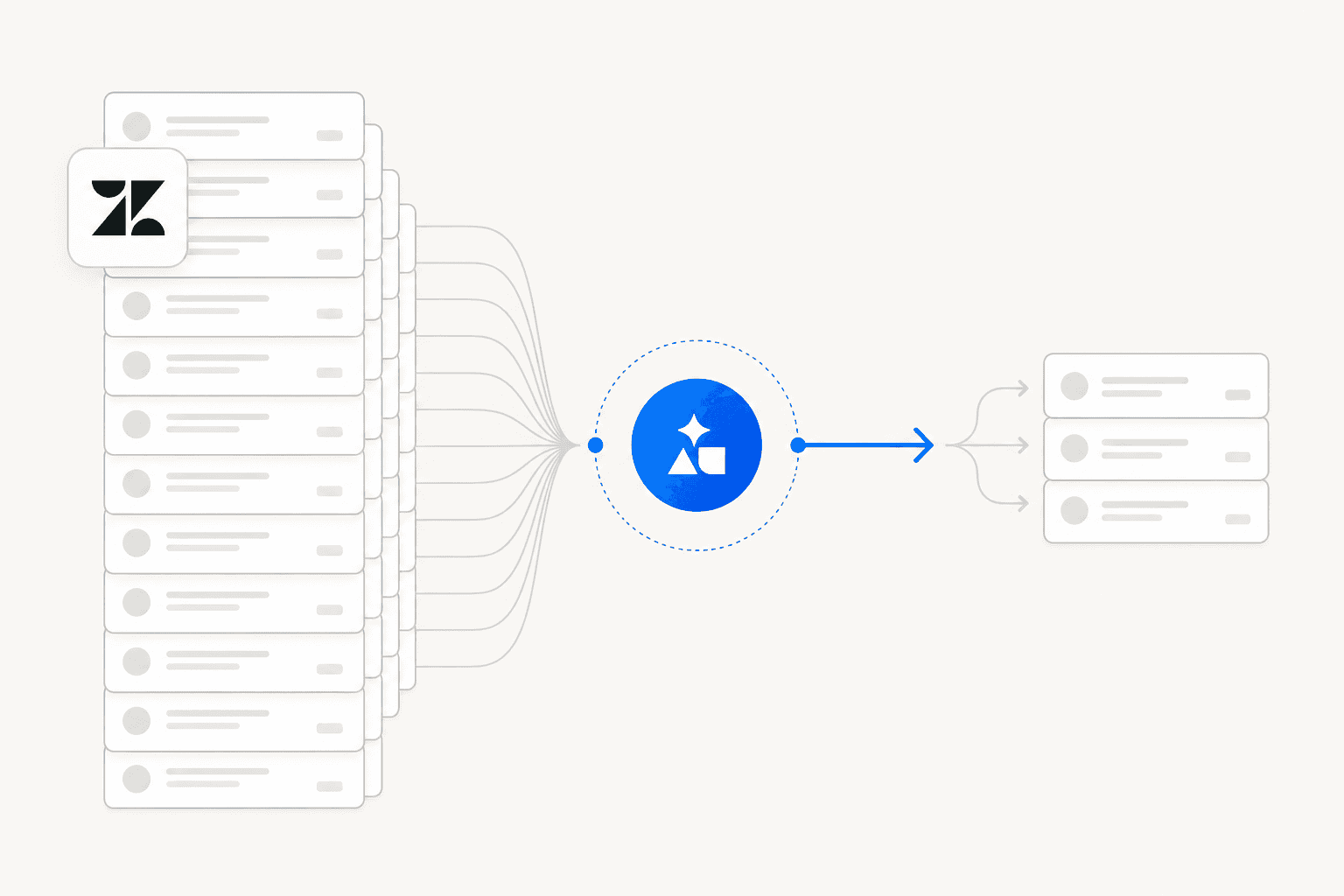 Illustration of a Zendesk ticket queue being reduced by AI processing