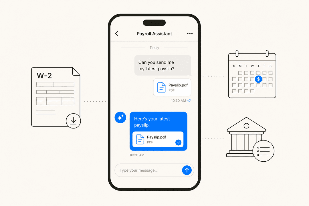 Flat illustration of a payroll self-service chat interface with document icons on a warm off-white background