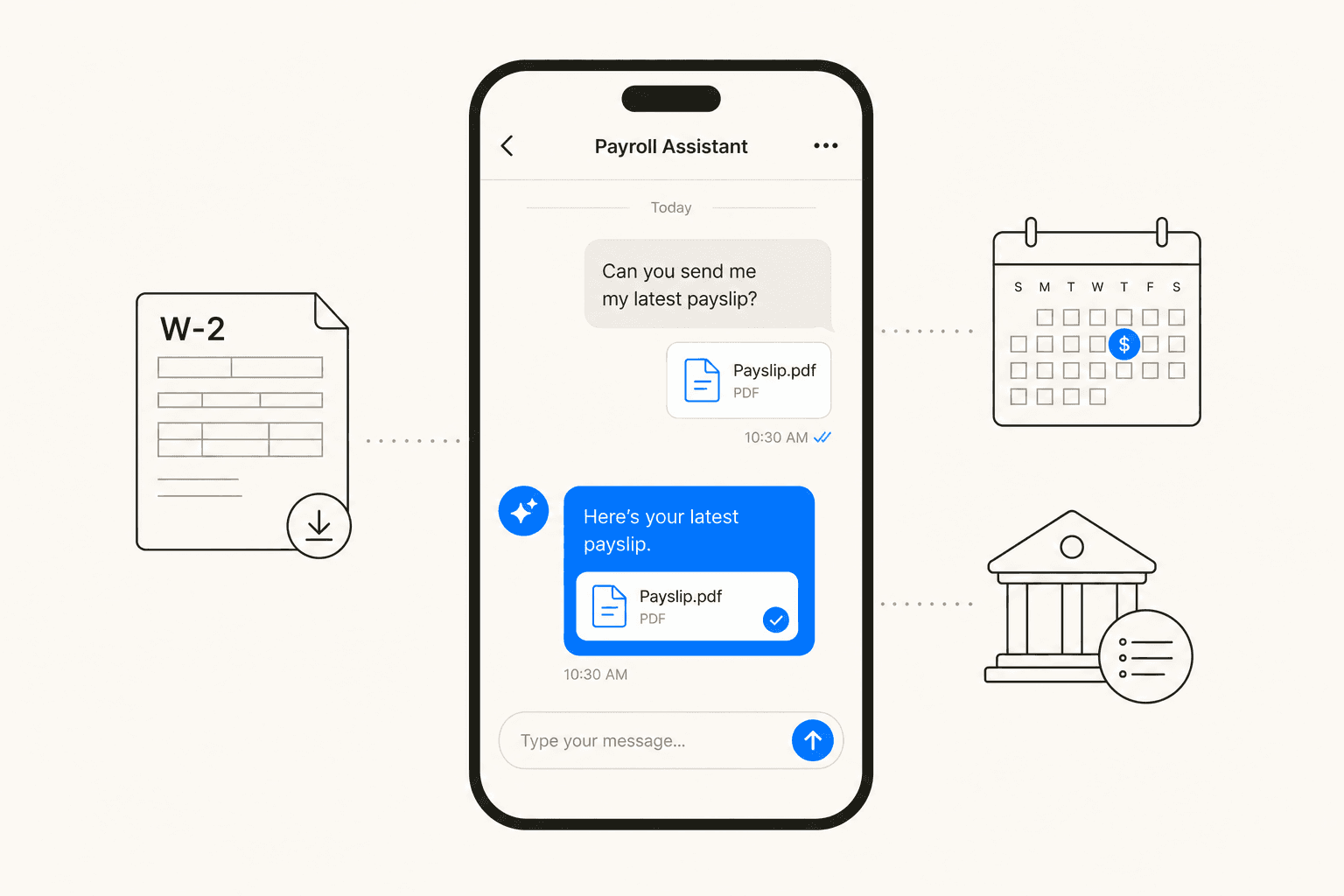 Flat illustration of a payroll self-service chat interface with document icons on a warm off-white background