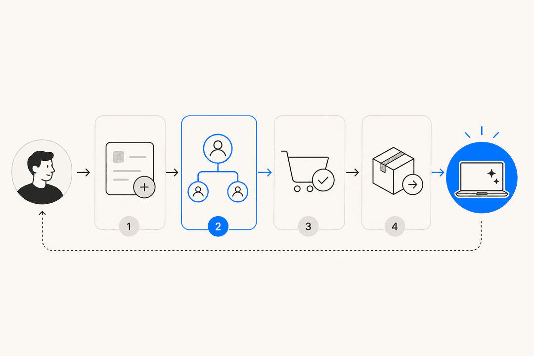 Flat illustration of a hardware request flowing through automated approval stages to fulfillment