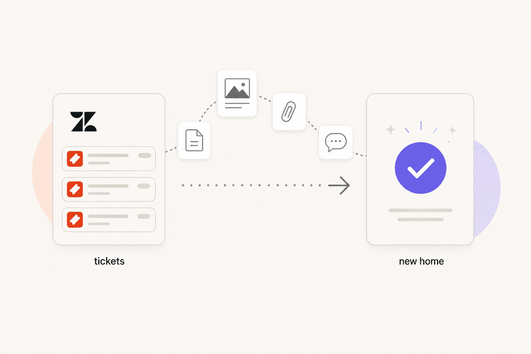 Illustration showing tickets moving from Zendesk to a new helpdesk platform