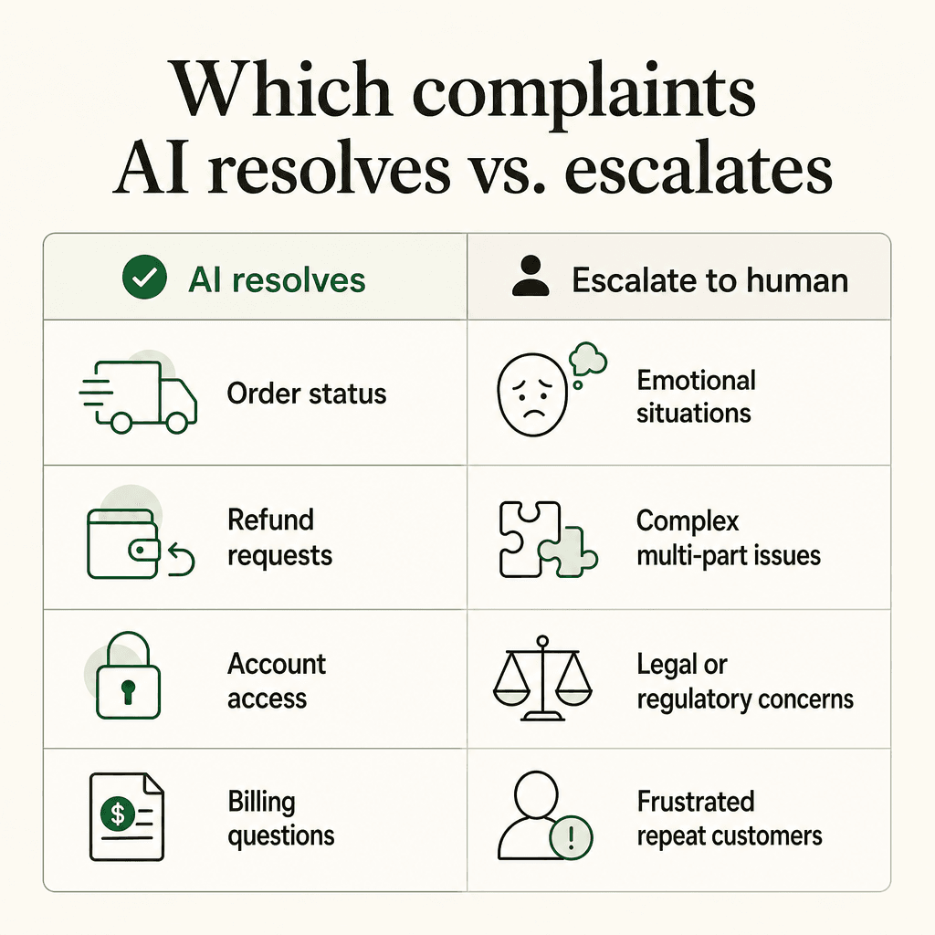 Which complaints AI resolves vs. routes to humans - classification by type