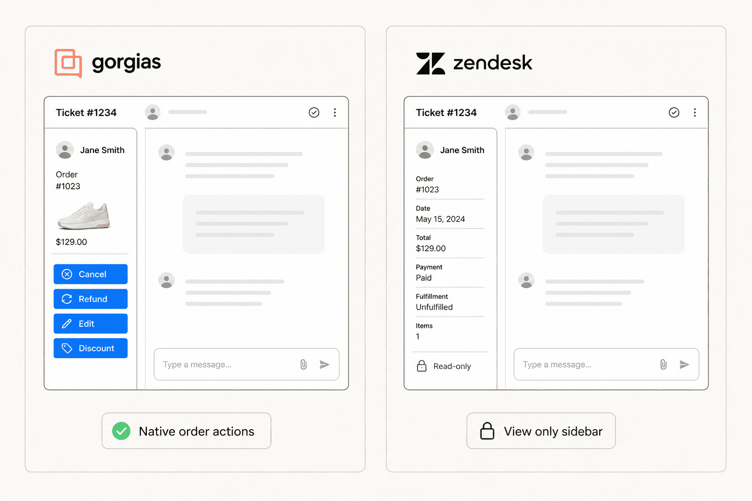 Comparison of Gorgias native order actions vs Zendesk read-only sidebar