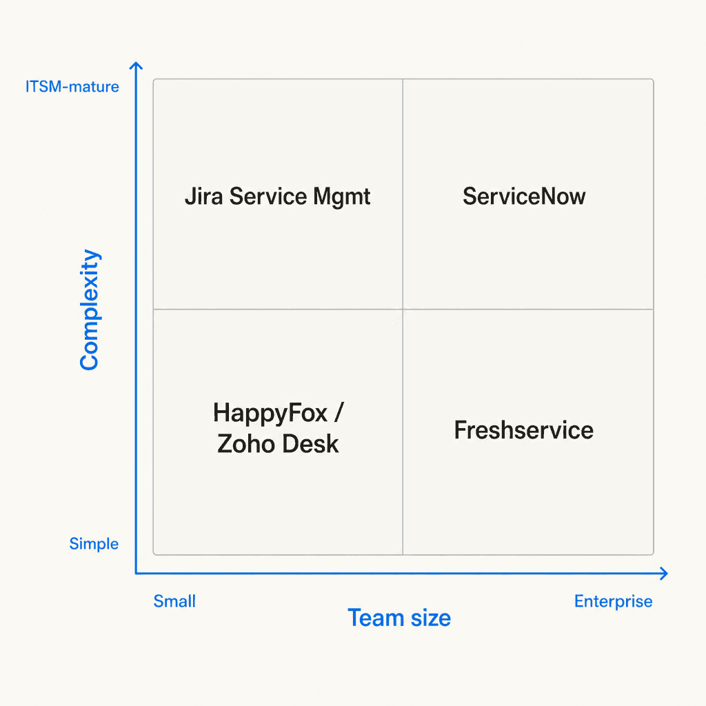 Tool selection matrix: which internal helpdesk software fits your team size and complexity needs