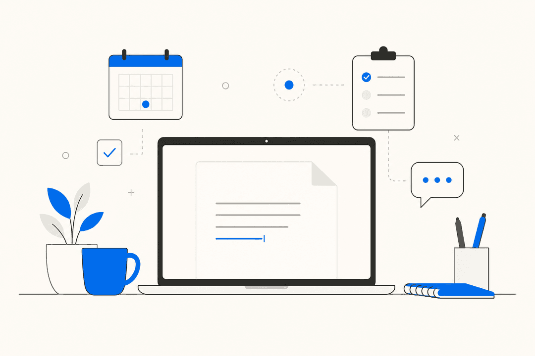 Flat editorial illustration of a small business workspace with a laptop and AI writing tools