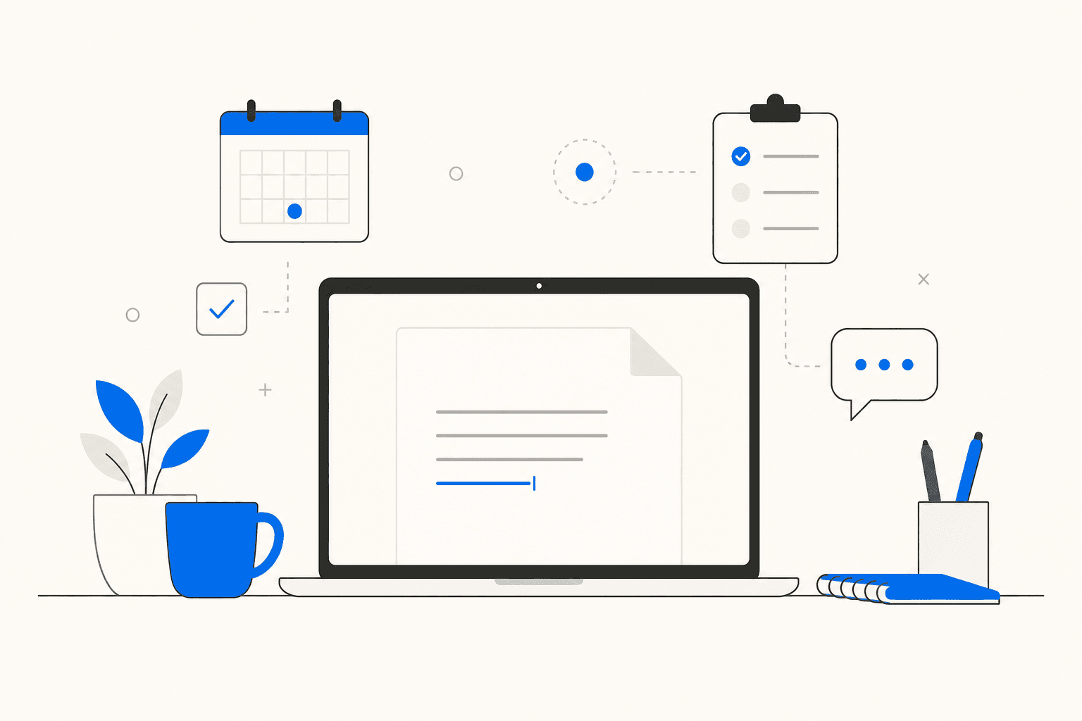 Flat editorial illustration of a small business workspace with a laptop and AI writing tools