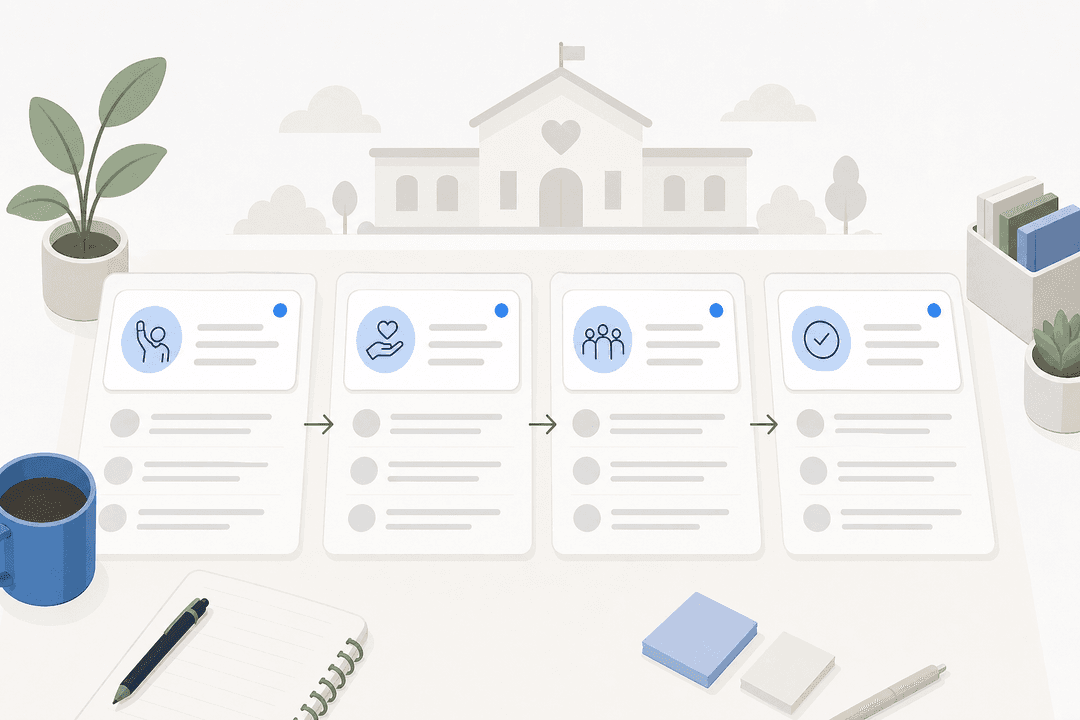 Editorial illustration of an organized nonprofit support inbox with labeled ticket cards for volunteer inquiries and donation questions