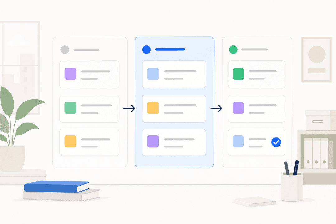 Organized ticket cards flowing through a kanban-style board on a light background