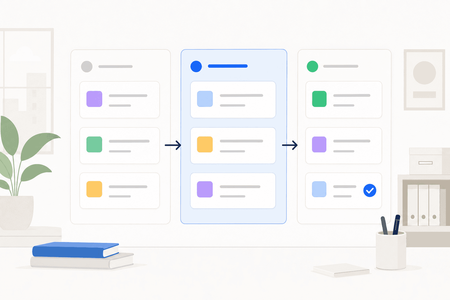 Organized ticket cards flowing through a kanban-style board on a light background