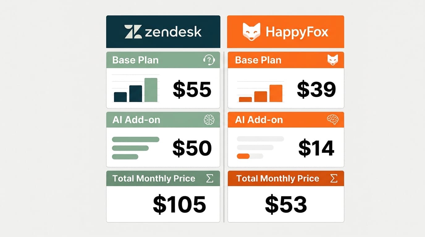 A side-by-side comparison reveals a significant price gap between Zendesk and HappyFox when factoring in essential AI capabilities.