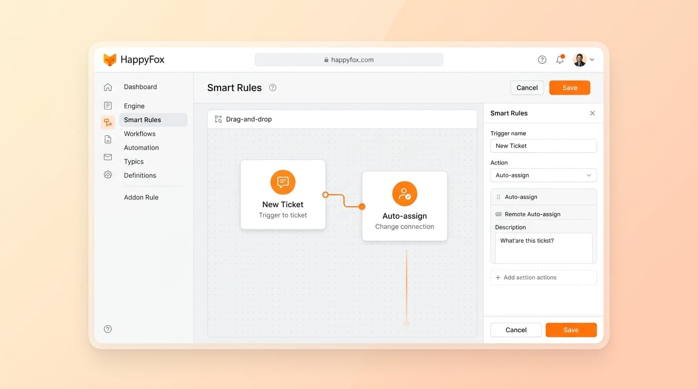 The HappyFox automation engine uses a visual logic builder to streamline repetitive support tasks.