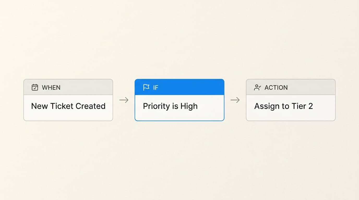 HappyFox's intuitive card-based automation builder simplifies complex ticket routing without the need for custom coding.
