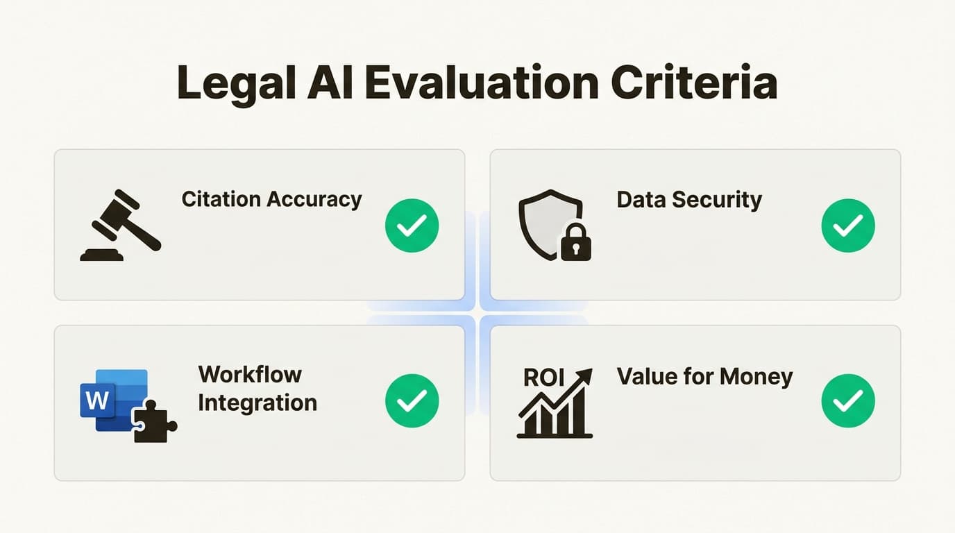 Key evaluation criteria for choosing legal AI tools in 2026.