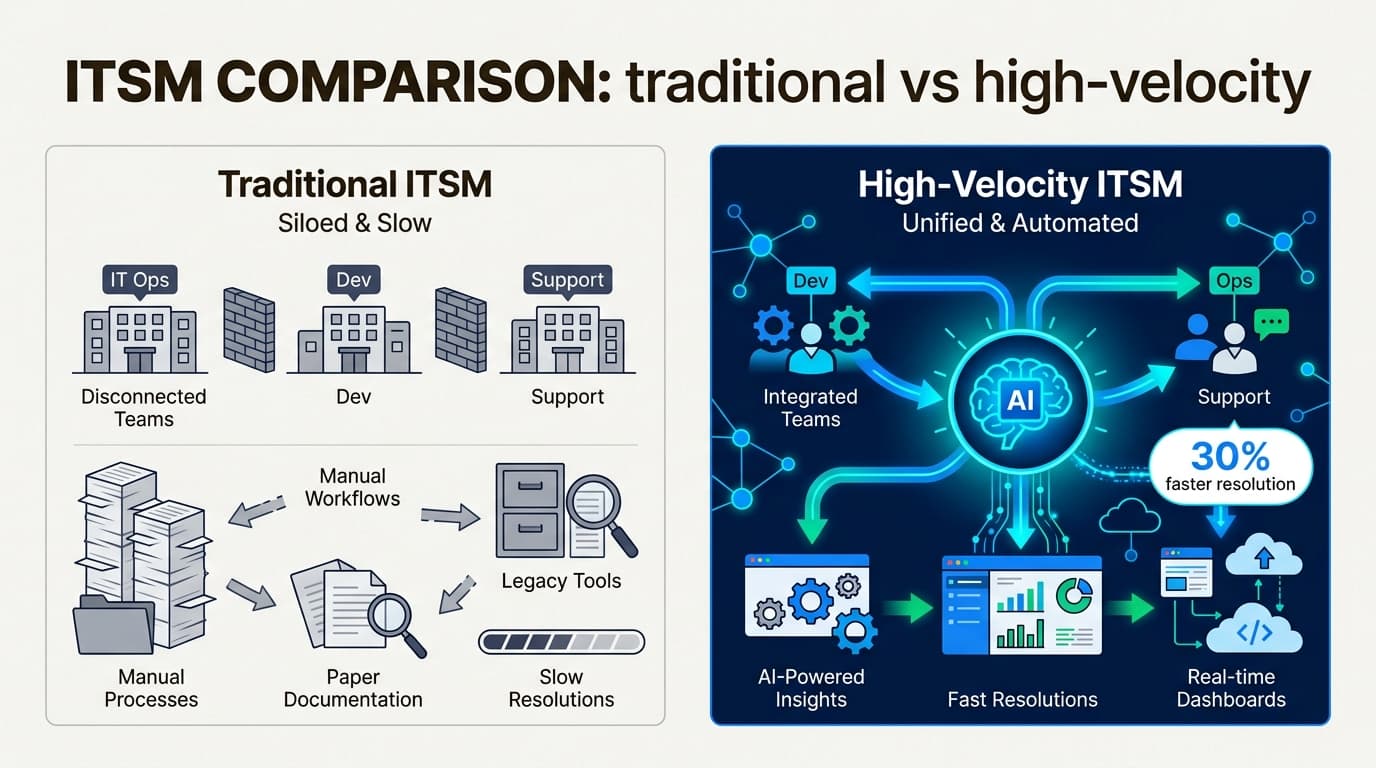 The transition to high-velocity service management centers on breaking down silos between development and operations teams.