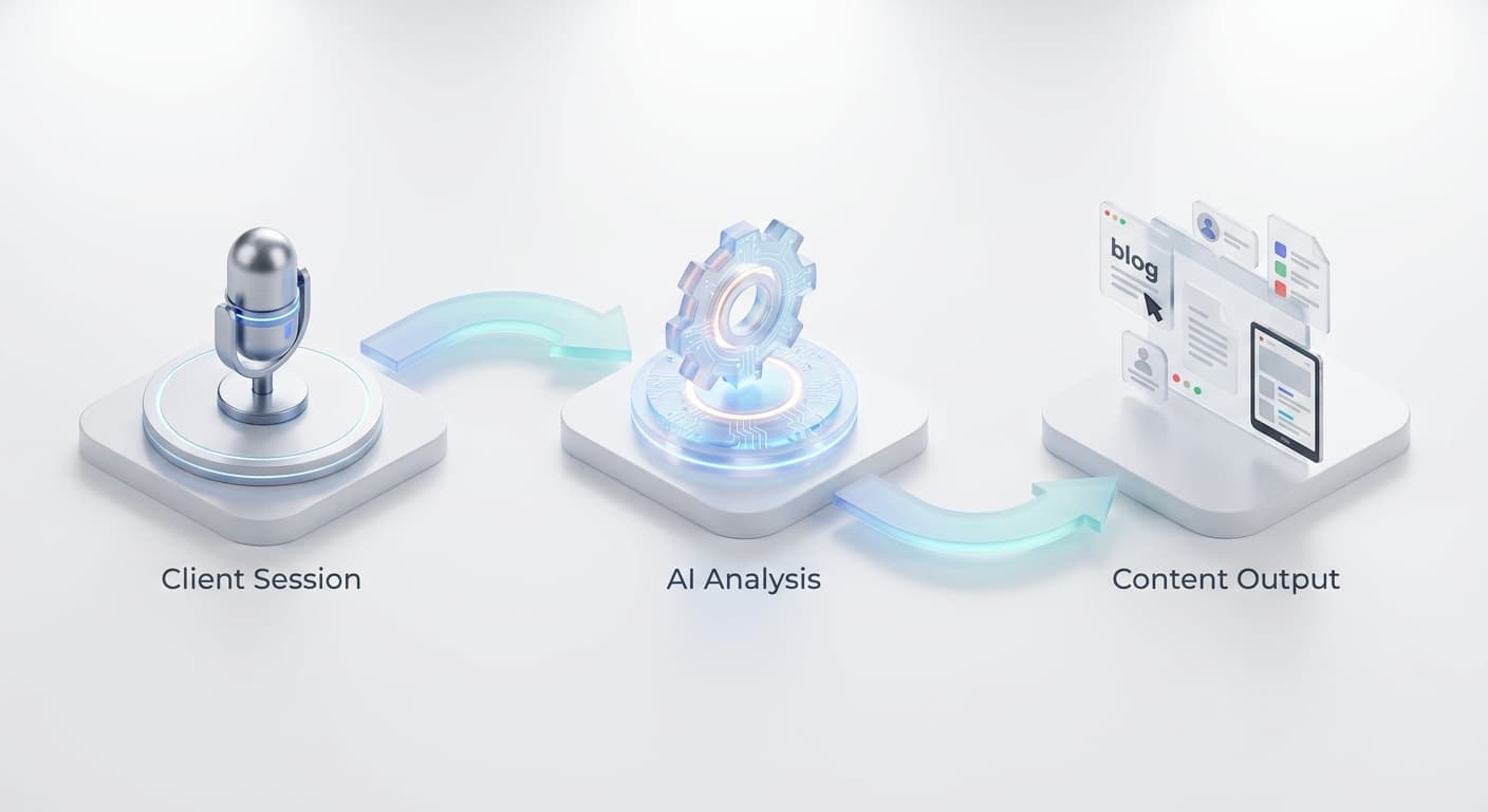 A streamlined AI workflow transforms raw coaching sessions into polished marketing content automatically.