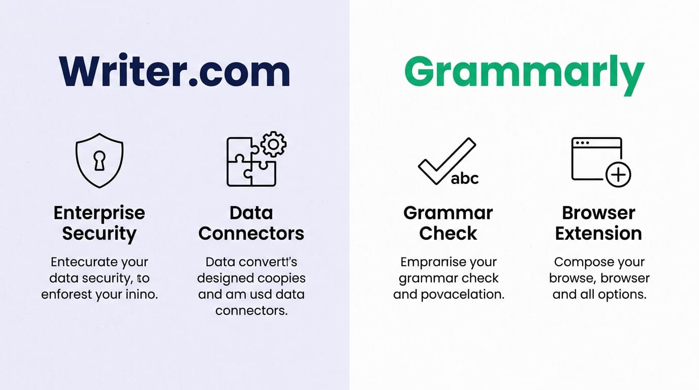 Writer.com prioritizes enterprise-grade data governance and strategic operations, while Grammarly focuses on individual writing productivity.