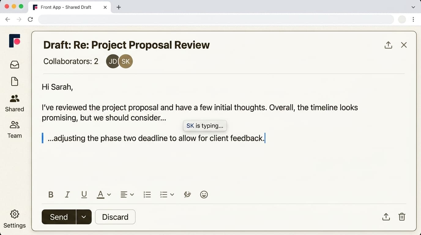 A screenshot of the Front app interface where two avatars are visible on a single email draft, showing real-time collaboration with one teammate's cursor highlighted as they type a response.
