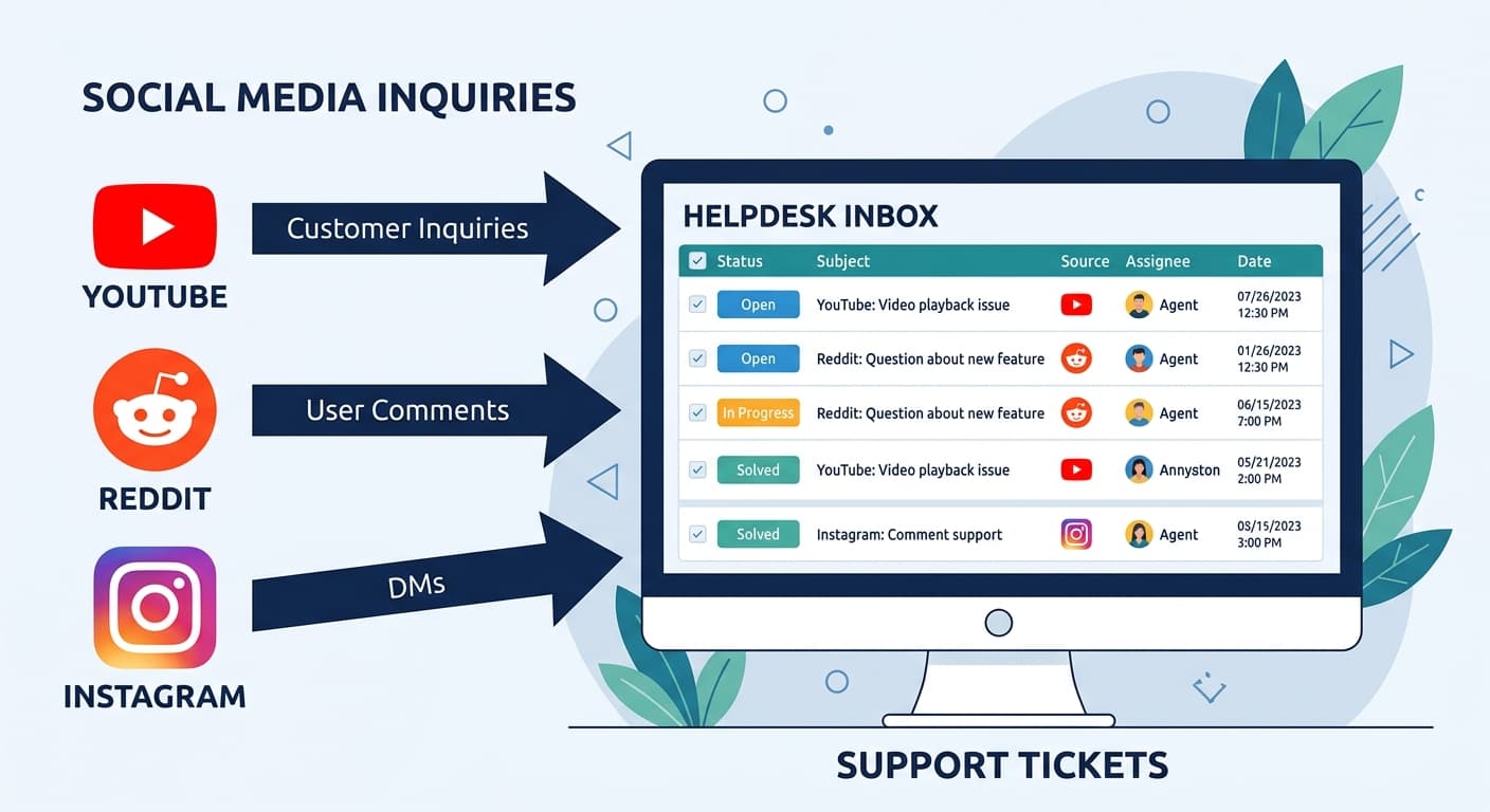 An omnichannel helpdesk for media companies consolidates audience inquiries from YouTube, Reddit, and Instagram into a single unified support inbox