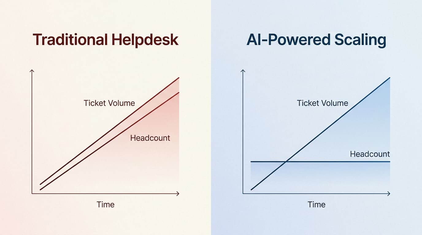 AI-powered scaling breaks the link between ticket volume and headcount, allowing for growth without a corresponding surge in hiring.