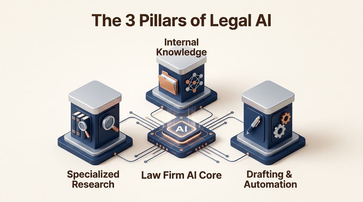 The three essential pillars of a modern legal AI tech stack in 2026.