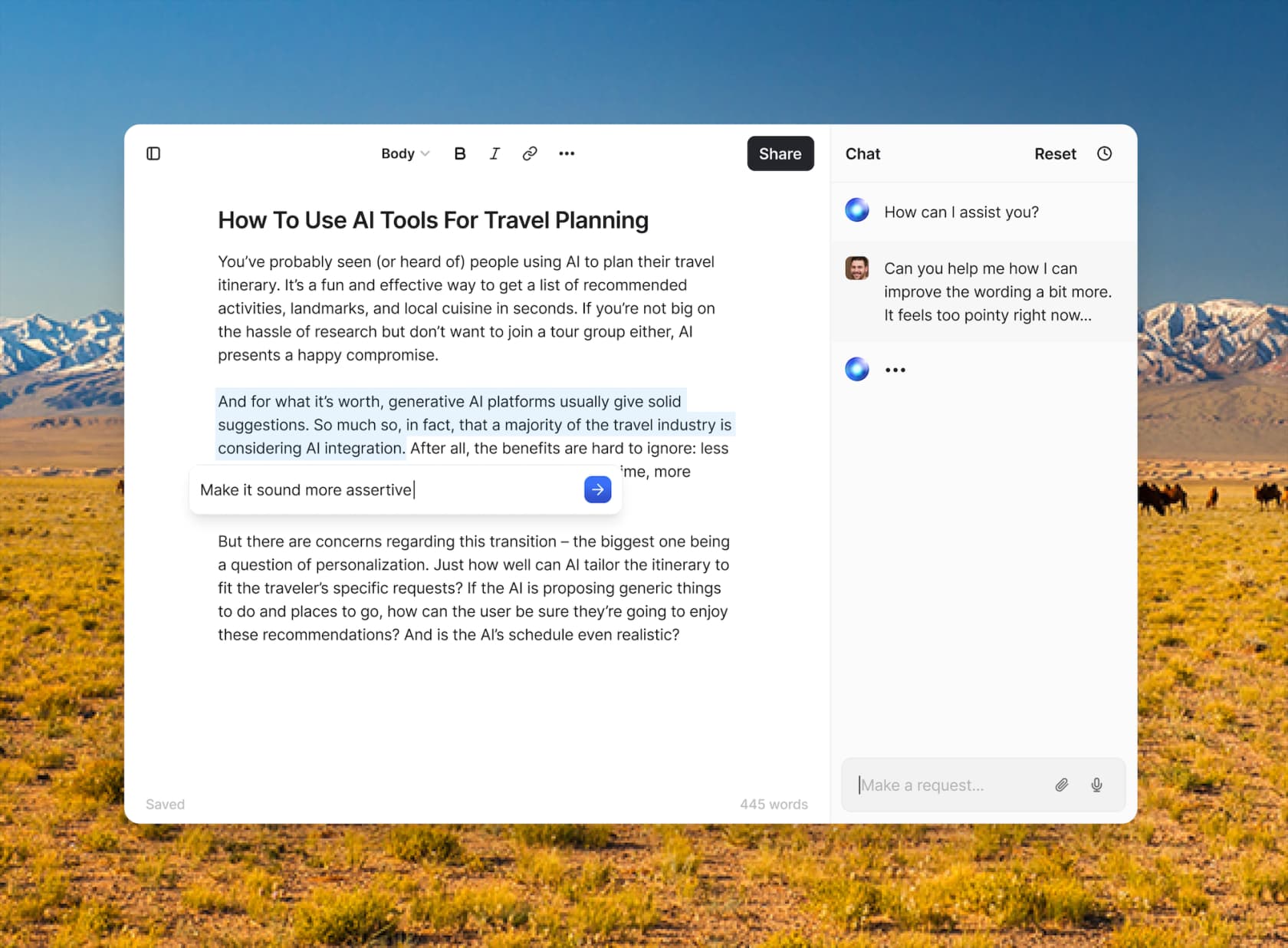 HyperWrite editor with an article titled How To Use AI Tools For Travel Planning, a selected paragraph, a Make it sound more assertive prompt, and a chat sidebar.