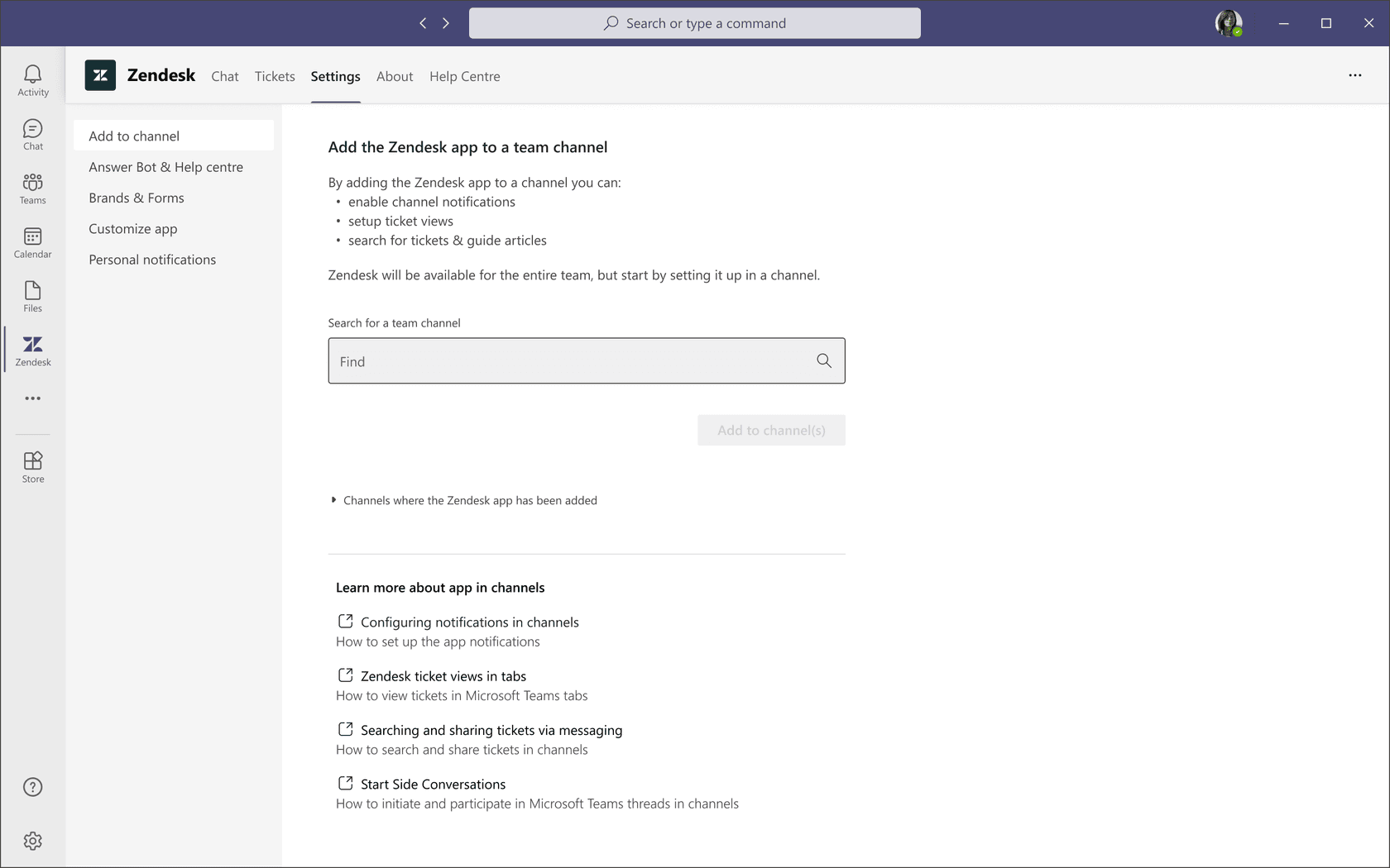 Zendesk app settings in Microsoft Teams showing configuration options
