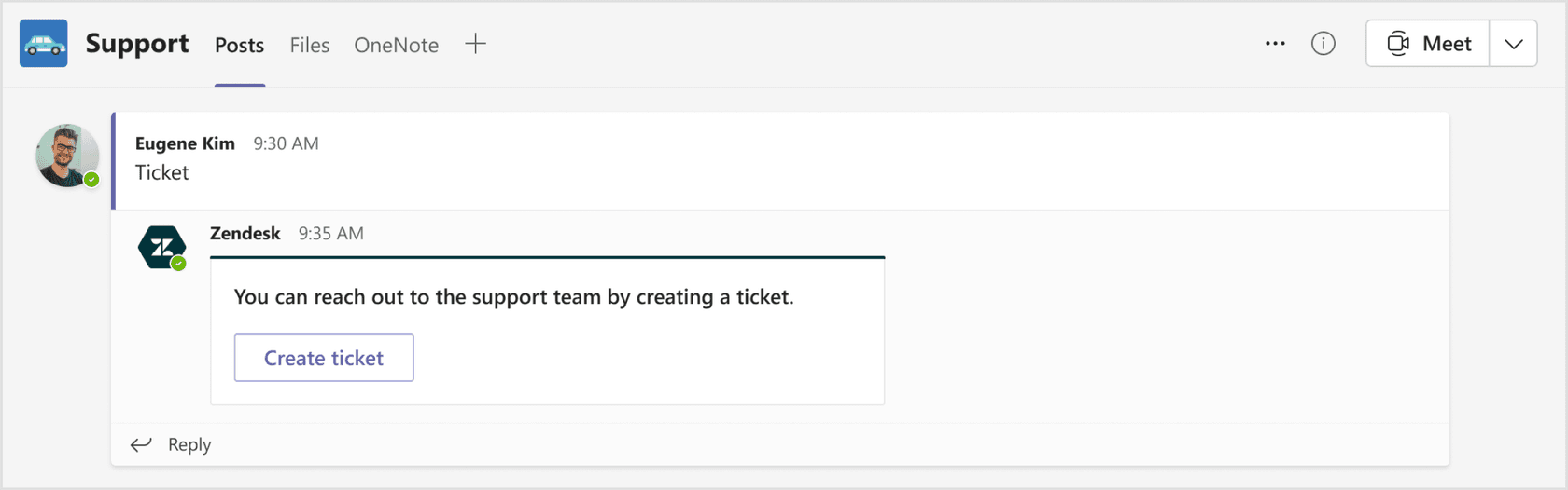 Zendesk bot message prompting users to create a support ticket in Microsoft Teams