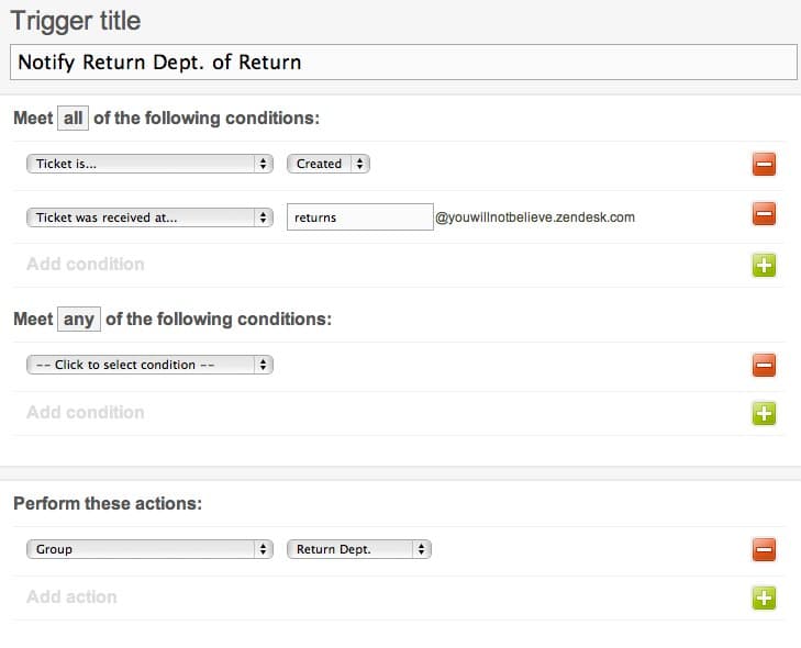 Zendesk's trigger configuration interface showing email-based routing rules for tickets received at a specific email address, assigning them to the 'Return Dept.' group.