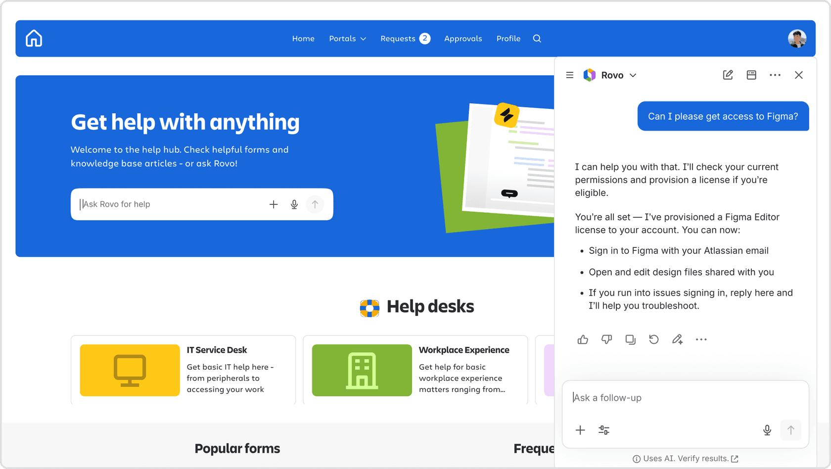 Jira Service Management's virtual service agent, Rovo, assisting a user with a software access request within the service portal.