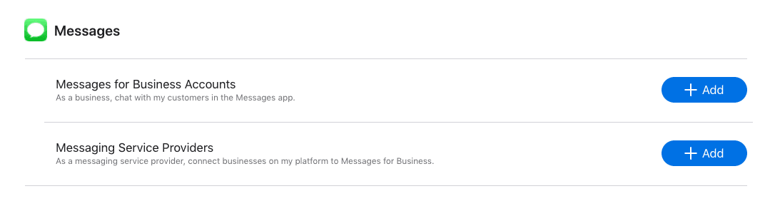 Apple Business Register's Messages settings showing options for Messages for Business Accounts and Messaging Service Providers.