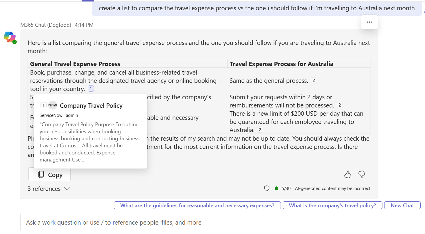 Copilot response showing a citation sourced from an external connector
