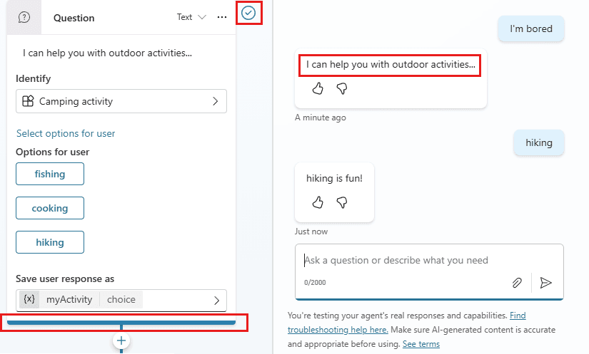 Node in the Copilot Studio topic editor displaying a colored checkmark after firing during a test