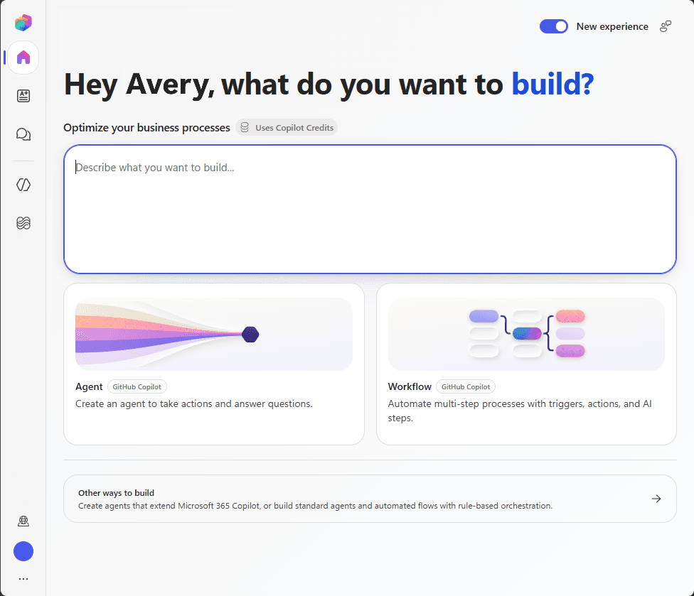 Copilot Studio home page showing the agent build interface