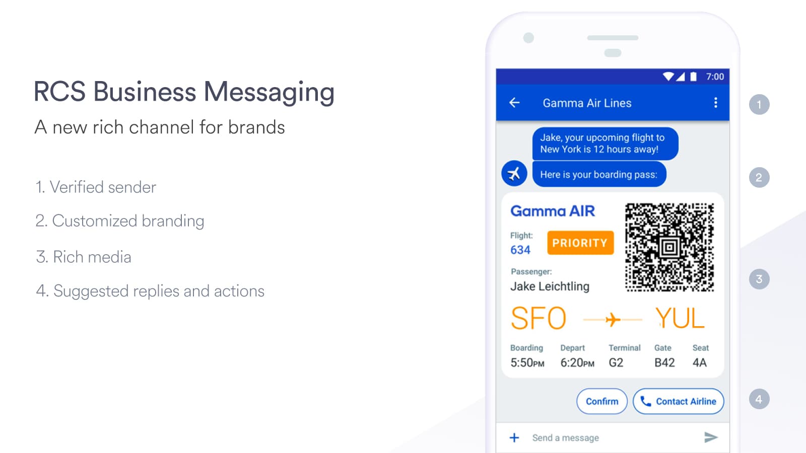An RCS business messaging interface demonstrating a rich media boarding pass and suggested actions, illustrating the capabilities of an RCS integration.