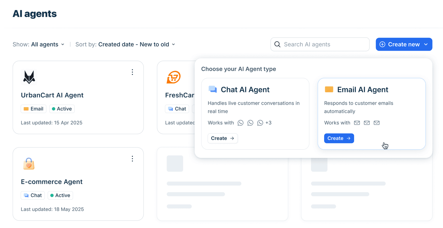 Freshworks AI Agent Studio showing separate Chat and Email AI Agent choices, from the official Studio overview. The available options depend on the product account.