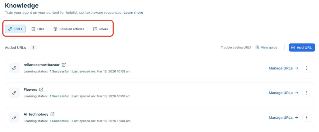 Freddy AI Agent's knowledge settings in Freshdesk, showing the URLs, files, and solution articles it learns from.