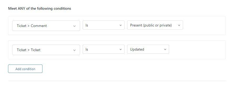 A configuration panel for defining automated ticket handling triggers based on conditions like ticket comments or updates.