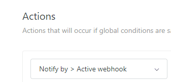 Zendesk Triggers configuration showing an 'Actions' section with a 'Notify by > Active webhook' option.
