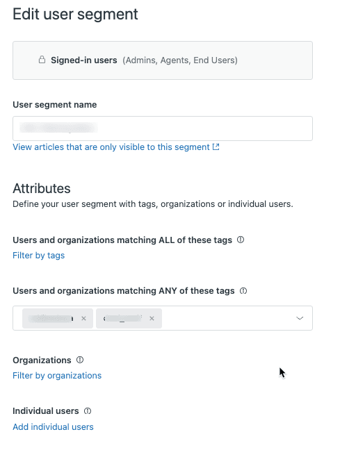 User segment configuration panel for defining segments by tags and attributes