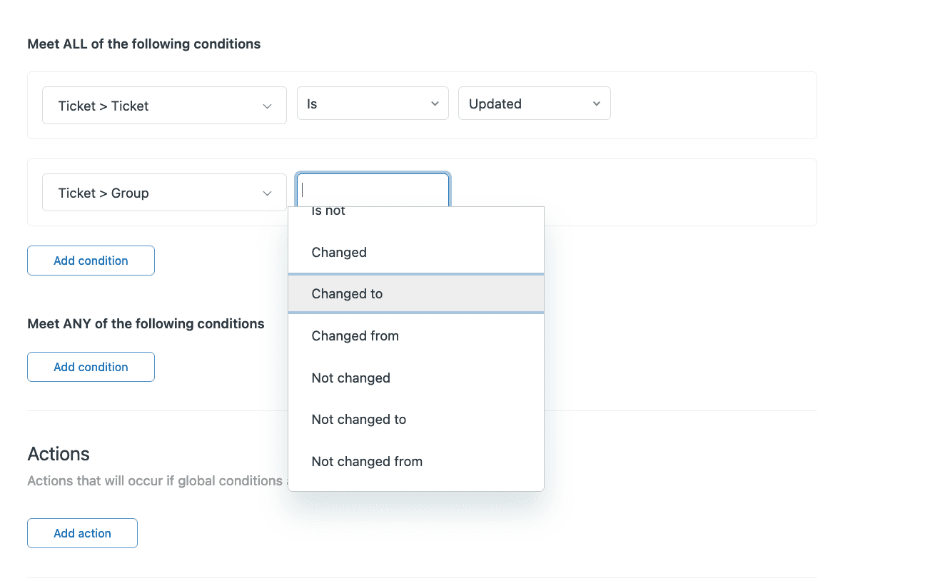 The trigger creation interface displaying form fields for defining conditions and actions, with a dropdown menu open.