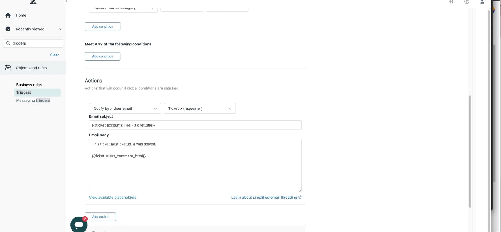 Zendesk Admin Center showing the Triggers section in the Business Rules menu