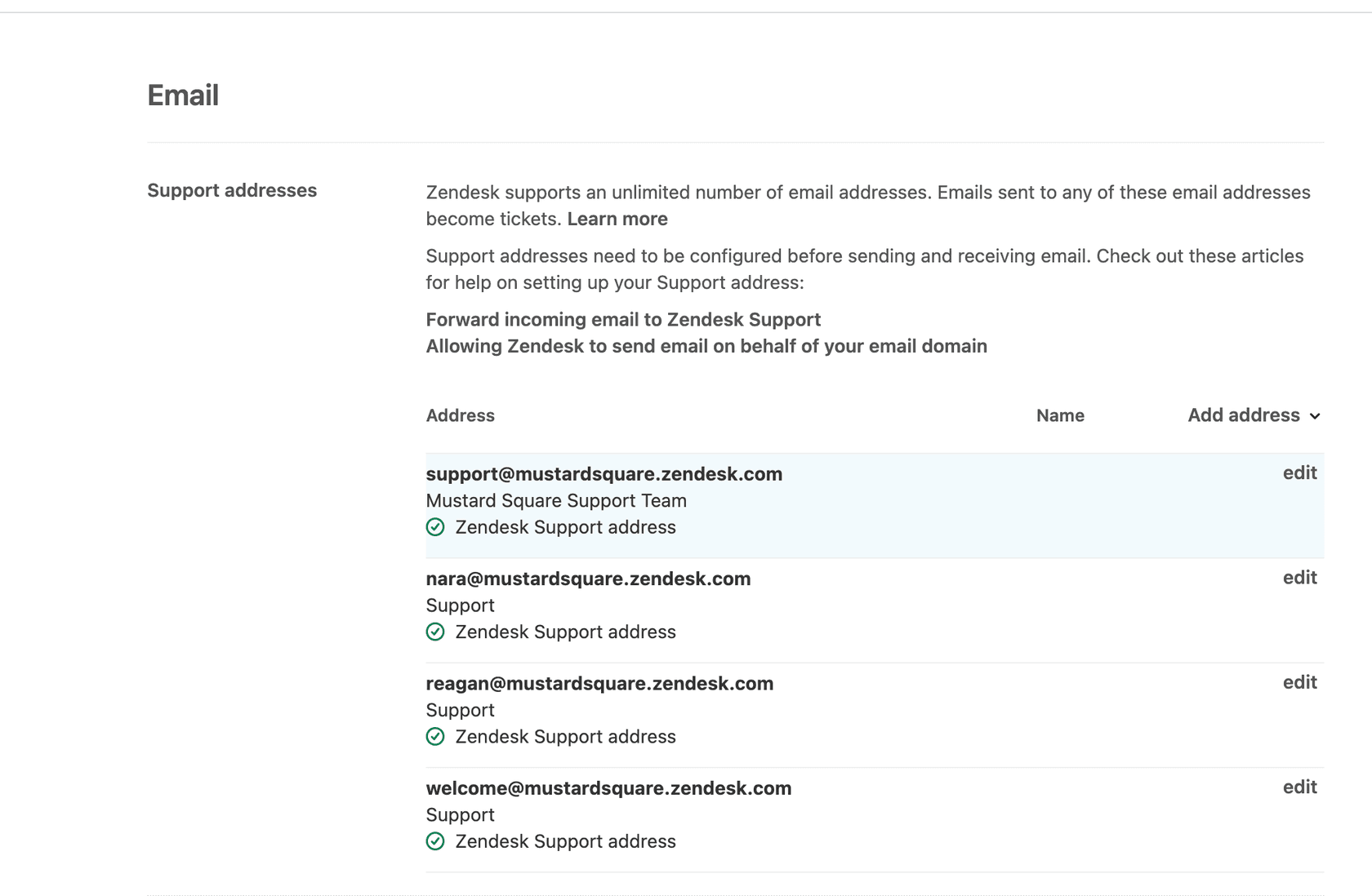 Zendesk email settings with domain authentication configuration options