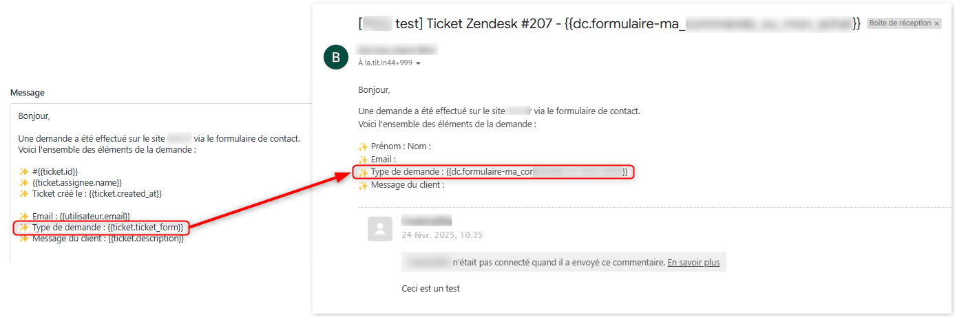 Zendesk ticket message interface with dynamic placeholder variables