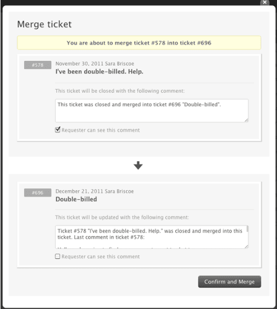 Zendesk's ticket merge interface displaying the merge dialog for consolidating two tickets.