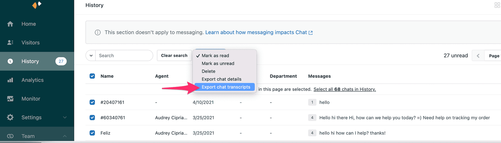 Chat history interface showing Actions dropdown with export options