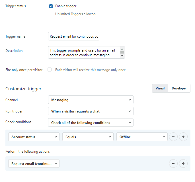 Chat trigger settings panel for visitor chat requests
